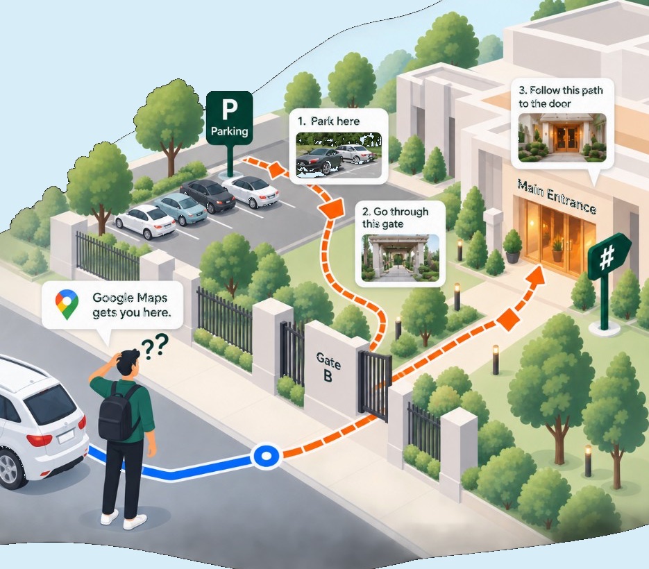 A guest arrives at the street. Google Maps stops there; doorsTag shows parking, the gate, and the path to the door.